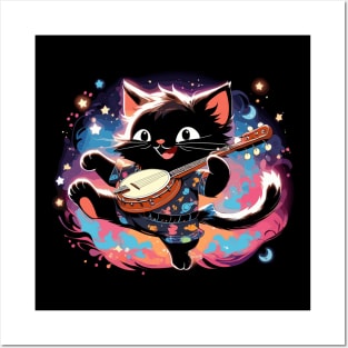 Dancing black cat playing banjo Posters and Art